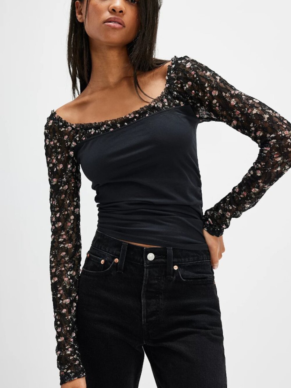 Free People Josie Top Floral Sleeves Corset Styling Going Out Top Size S